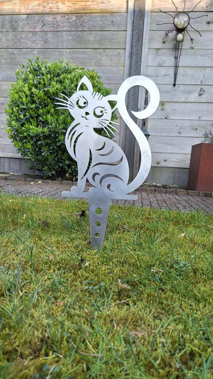 Tuinprikker van cortenstaal – vrolijk zittende kat met krulstaart voor in de tuin